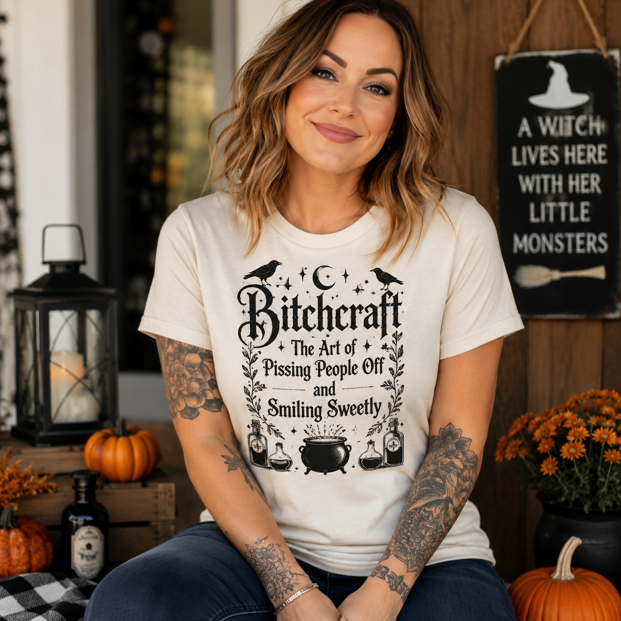 A woman with arm tattoos sits in a cozy, decorated autumn setting wearing a cream-colored graphic t-shirt with a black 'Bitchcraft' Halloween design. The background features pumpkins, a lantern, and a rustic wooden wall with a hanging sign.