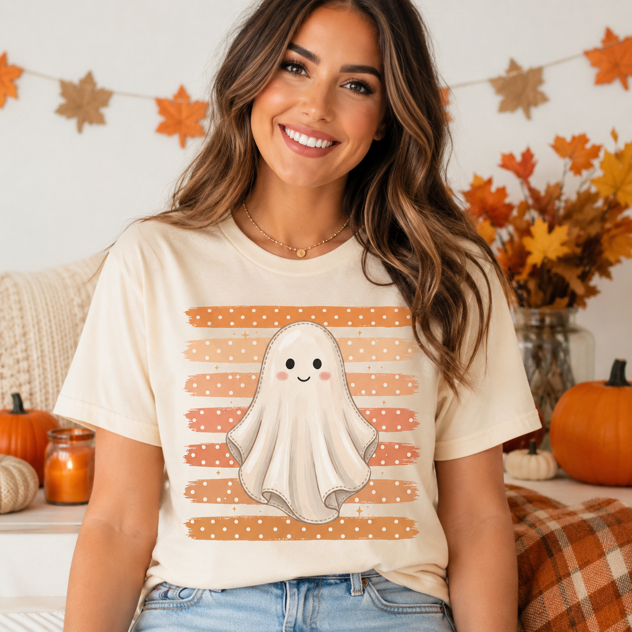 A woman wearing a cream-colored t-shirt with a cute cartoon ghost graphic over orange and peach striped patterns, set in a cozy autumn-themed room with pumpkins and fall decorations.