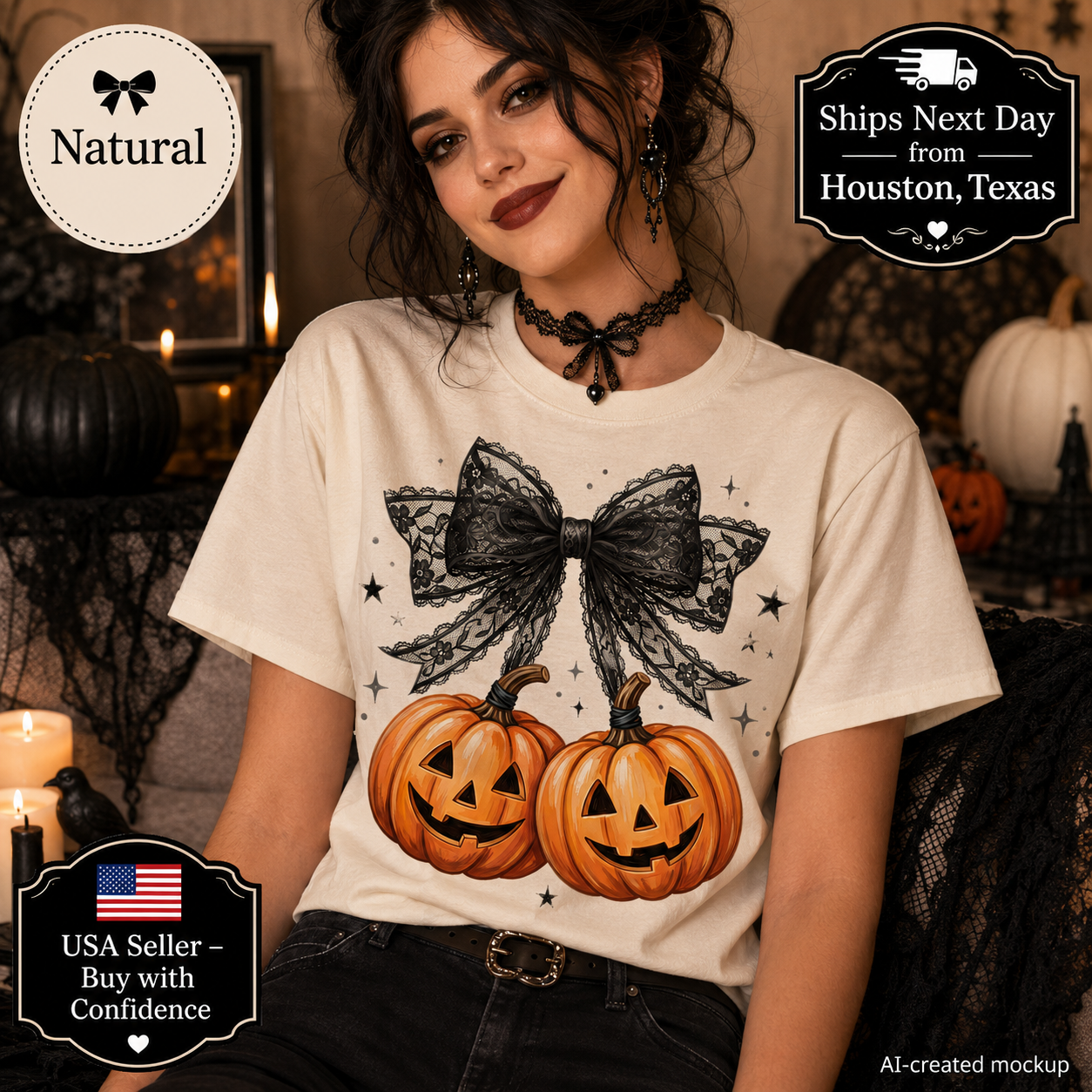 A woman wearing a cream-colored t-shirt with a Halloween graphic of two jack-o'-lanterns under a black lace bow. The image contains promotional badges for 'Natural' sizing, shipping, and USA seller confidence.