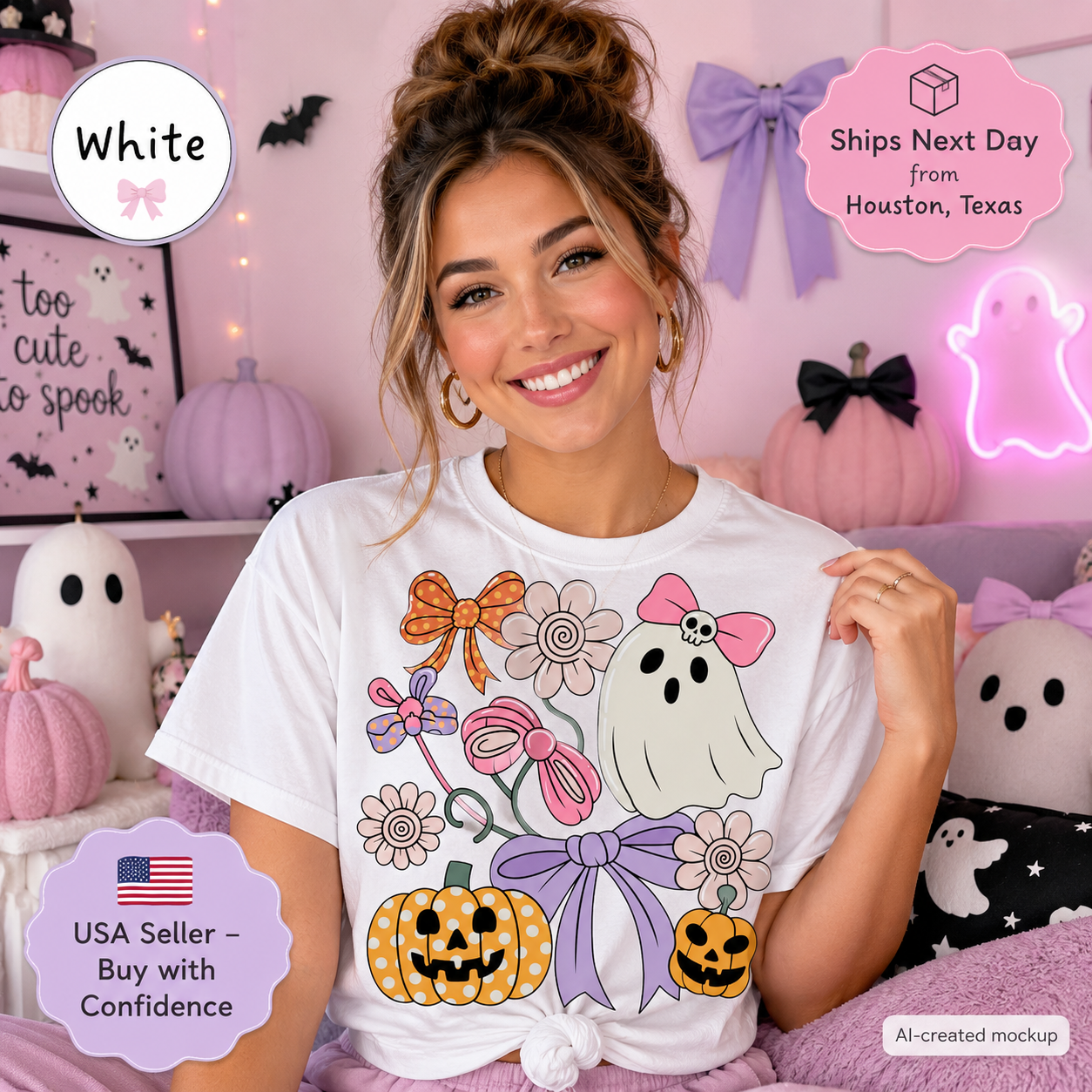 A woman wearing a white graphic T-shirt with a Halloween design, posed in a pink-themed room with pumpkins, plush ghosts, and promotional badges.