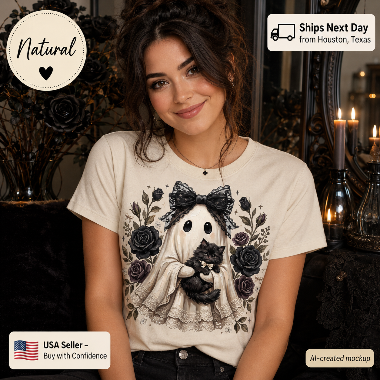 A woman wearing a cream-colored graphic t-shirt with a black and white illustration of a ghost holding a kitten, surrounded by dark roses. The image features promotional badges for a 'Natural' color, 'Ships Next Day' shipping from Houston, Texas, and a 'USA Seller - Buy with Confidence' guarantee, with an 'AI-created mockup' label in the bottom right corner.