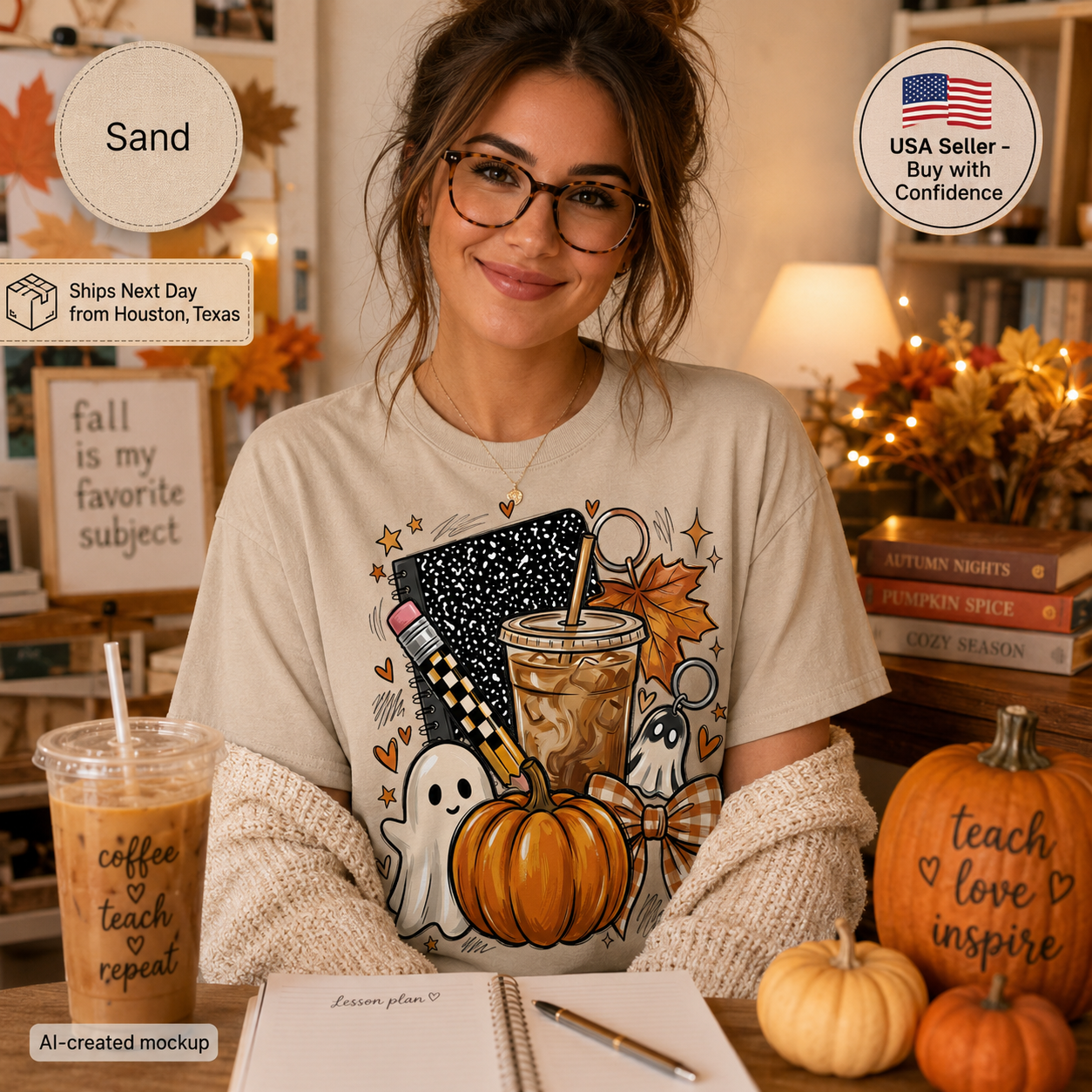 A woman wearing a beige graphic T-shirt with an autumn-themed print featuring pumpkins, ghosts, a notebook, and fall leaves. She is seated in a cozy, warmly lit room decorated for fall, with notebooks, pumpkins, and fall decor around her.