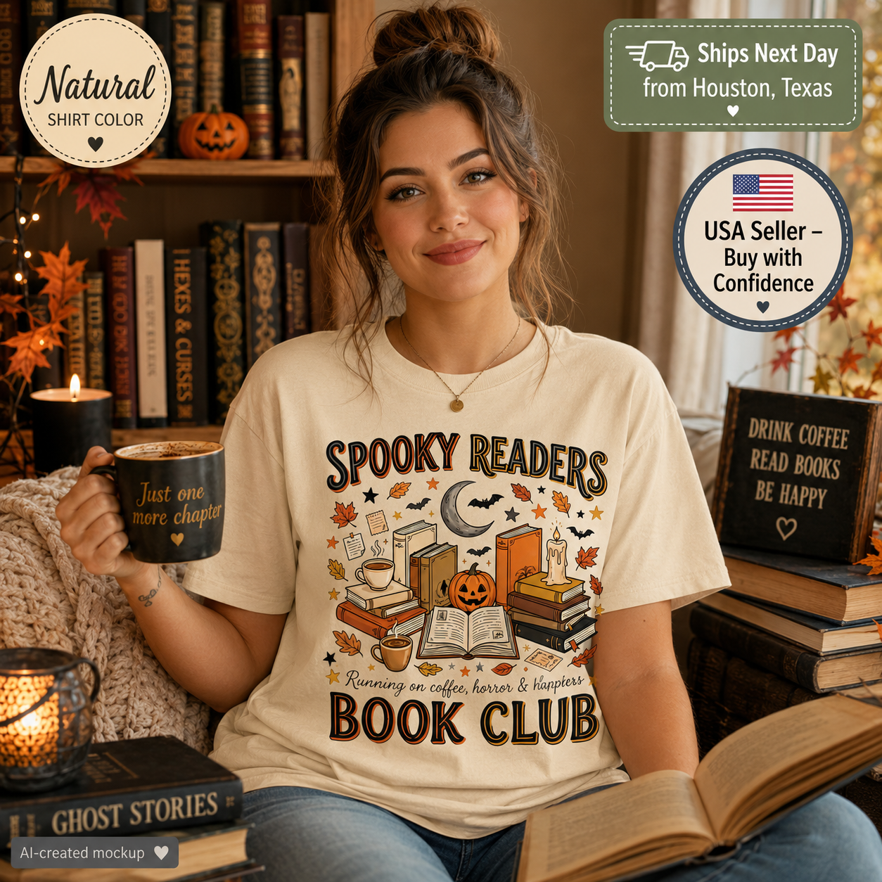 A woman wearing a cream-colored graphic t-shirt with a 'Spooky Readers Book Club' design, sitting in a cozy book-filled room and holding a mug. The image includes promotional badges for shipping and USA seller status.