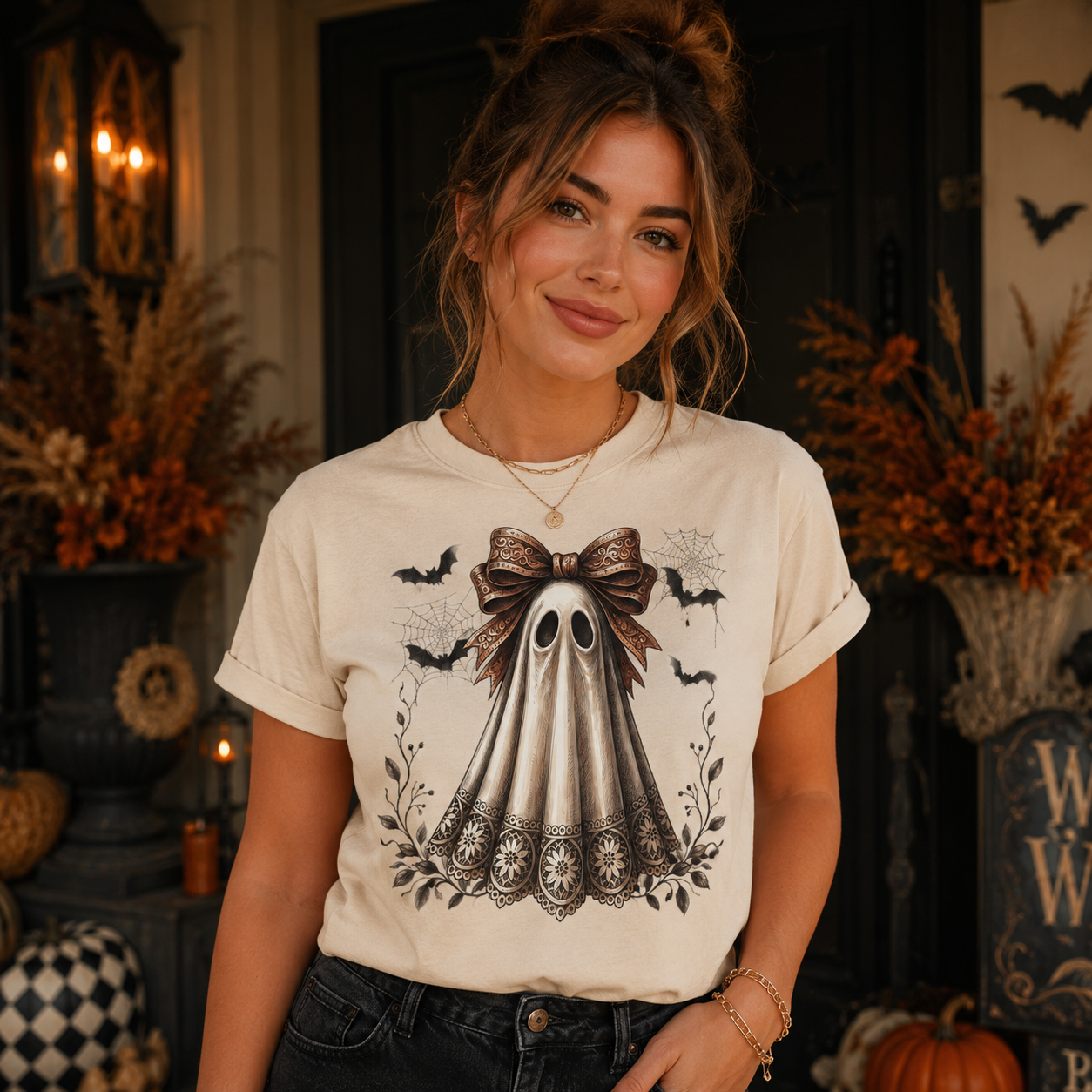 A woman wearing a cream-colored t-shirt with a gothic-style ghost graphic featuring a brown bow, black bats, and floral details, posed in a cozy, dark-themed Halloween interior.