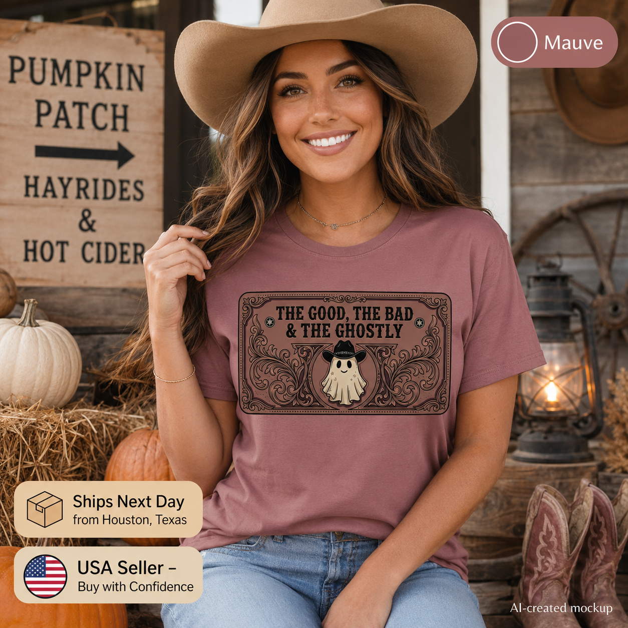 A woman wearing a mauve t-shirt with a western-themed graphic that reads 'THE GOOD, THE BAD & THE GHOSTLY' with a ghost wearing a cowboy hat. She is also wearing a cowboy hat, set against a rustic fall-themed background with pumpkins, a lantern, and a wooden sign.