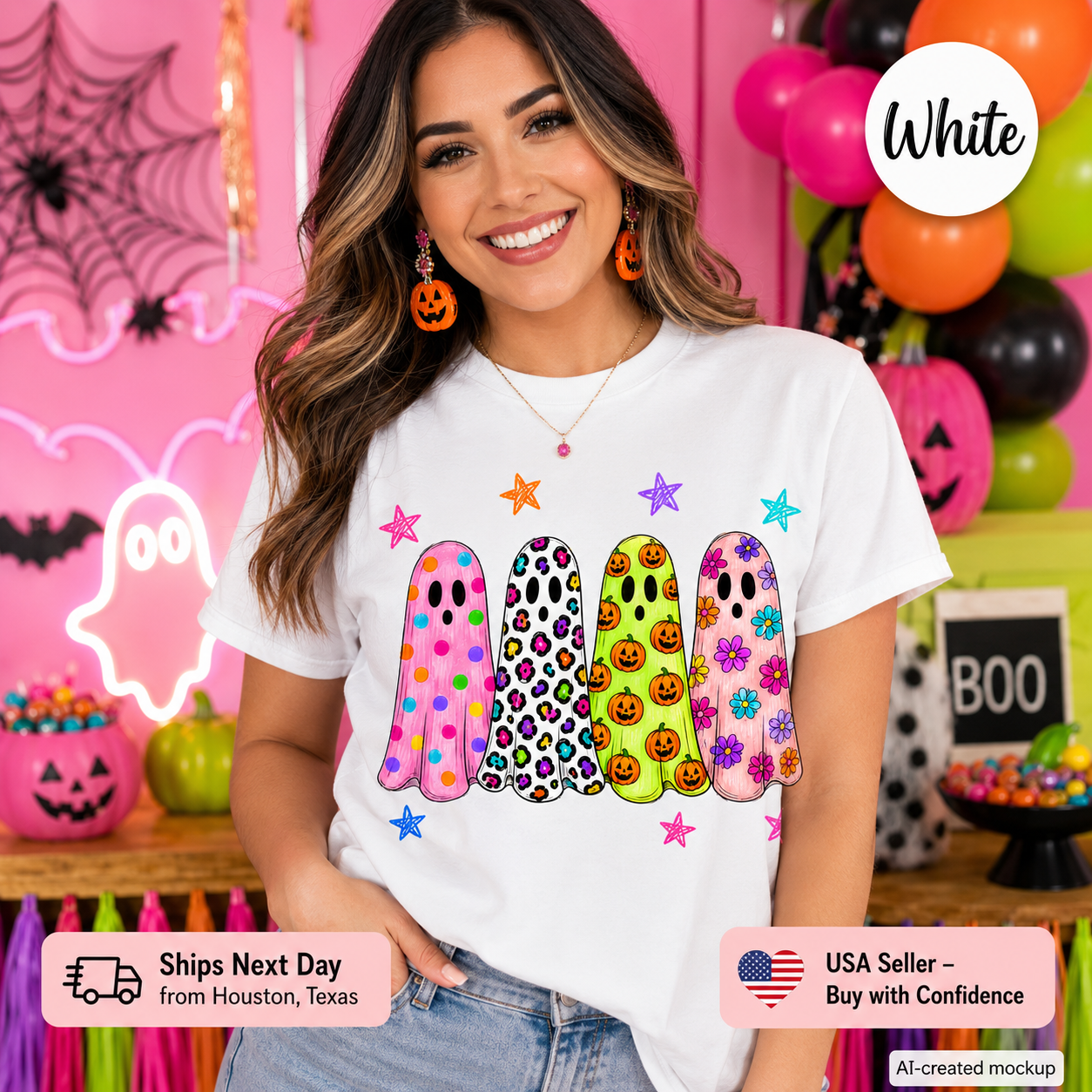 A woman wearing a white graphic t-shirt with a colorful Halloween-themed ghost print, set against a festive pink and orange party background with balloons, jack-o'-lanterns, and a glowing ghost sign.