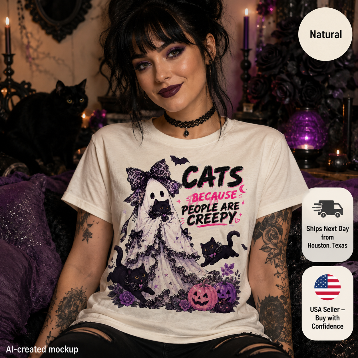 A woman wearing a graphic t-shirt with a Halloween design, posed in a dark, atmospheric room with candles and black cats. The t-shirt is cream-colored with a graphic of a ghostly cat in purple and black, accompanied by the text 'CATS BECAUSE PEOPLE ARE CREEPY'.