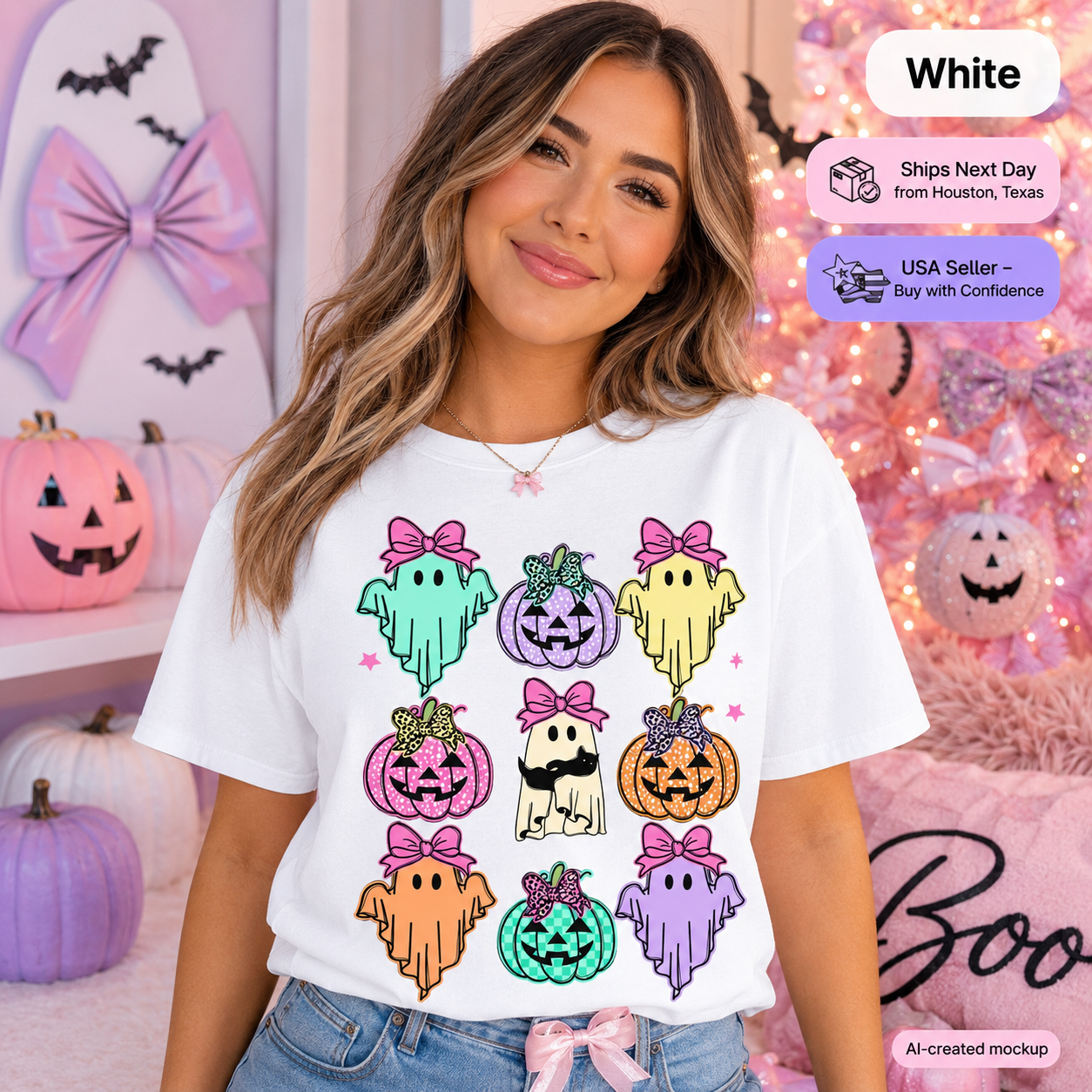 A woman wearing a white graphic t-shirt with a colorful Halloween print of ghosts and pumpkins, posed in a decorated pink and purple room with pumpkins and a tree.
