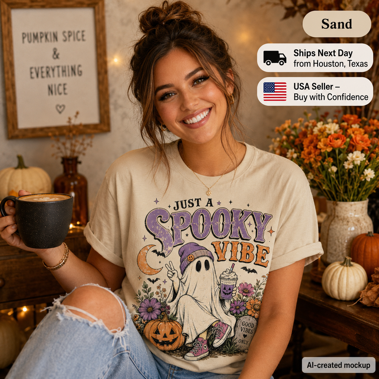A woman wearing a cream-colored graphic t-shirt with a 'Spooky Vibe' Halloween print, holding a black mug in a cozy, warmly lit autumn-themed room. The image includes promotional text overlays for shipping and purchase confidence.