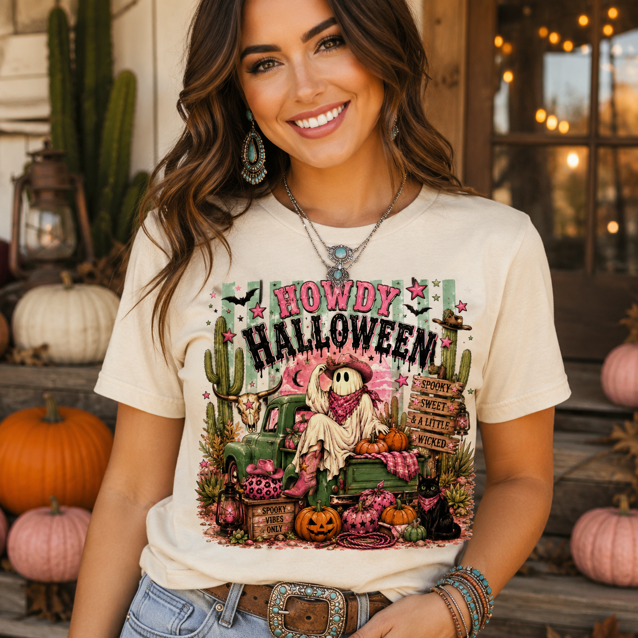 A woman wearing a cream-colored graphic t-shirt with a 'Howdy Halloween' western-themed print featuring a skeleton cowboy in a green truck surrounded by pumpkins and cacti, posed in a rustic fall yard setting.