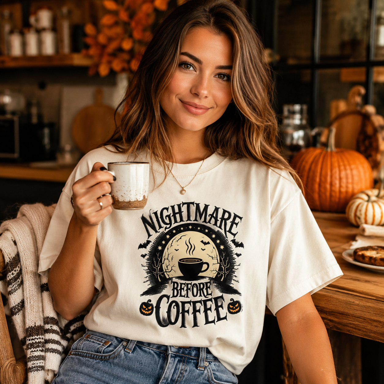 A woman wearing a cream-colored graphic t-shirt with a black 'Nightmare Before Coffee' design, holding a mug in a cozy, autumn-themed kitchen setting.