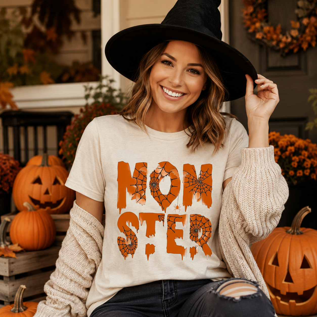 A woman wearing a cream-colored t-shirt with a distressed orange 'MONSTER' graphic and a black witch hat, posed in a cozy autumn-themed setting with pumpkins and fall decorations.