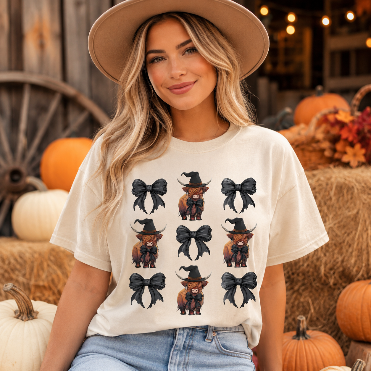 A woman wearing a cream-colored graphic t-shirt with a pattern of black bows and brown ghoulish faces, styled with a tan wide-brim hat and light blue jeans, set against a rustic autumn-themed background with pumpkins and hay bales.