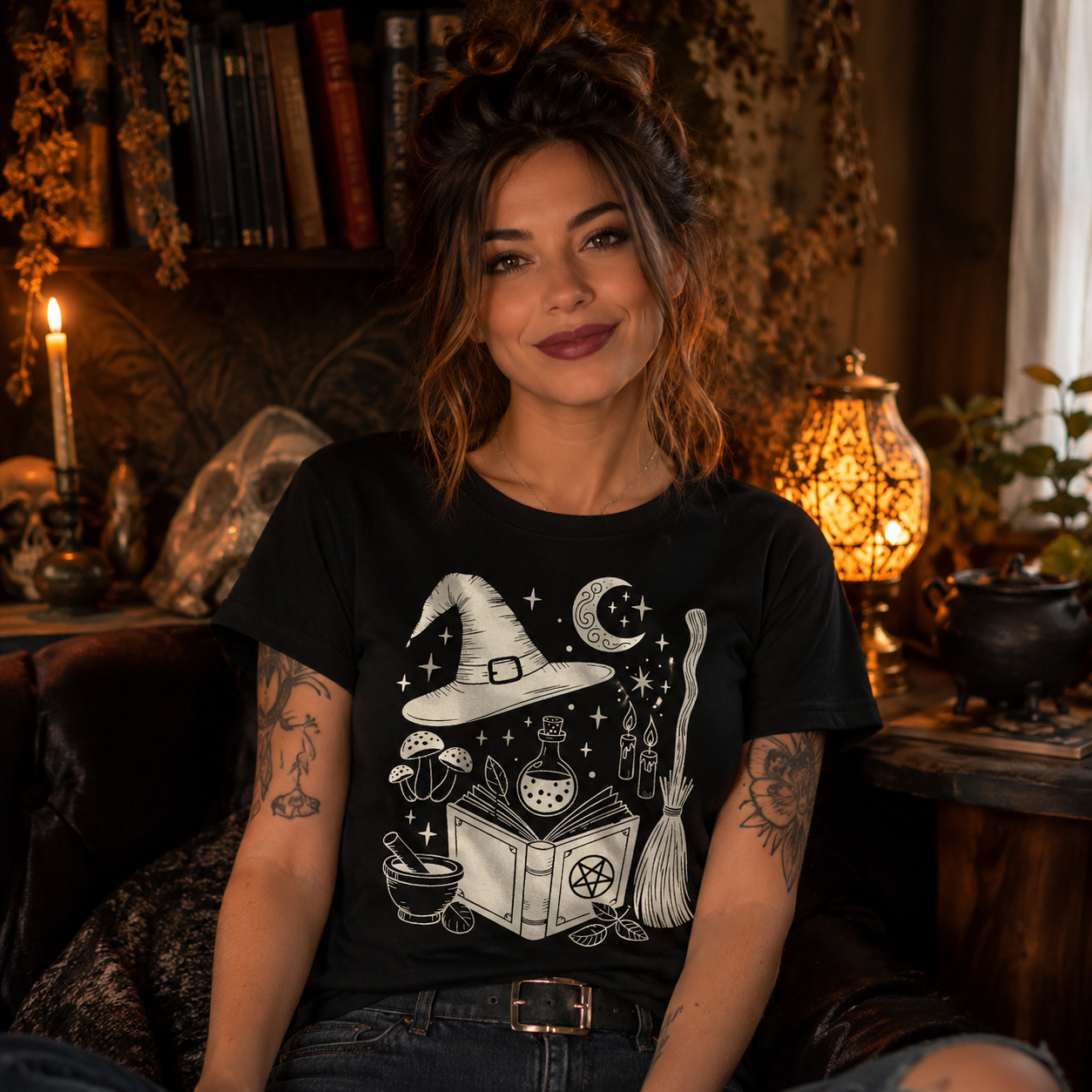 A woman wearing a black graphic t-shirt with a white witch-themed illustration, sitting in a cozy, dimly lit room with candles, books, and a lamp.