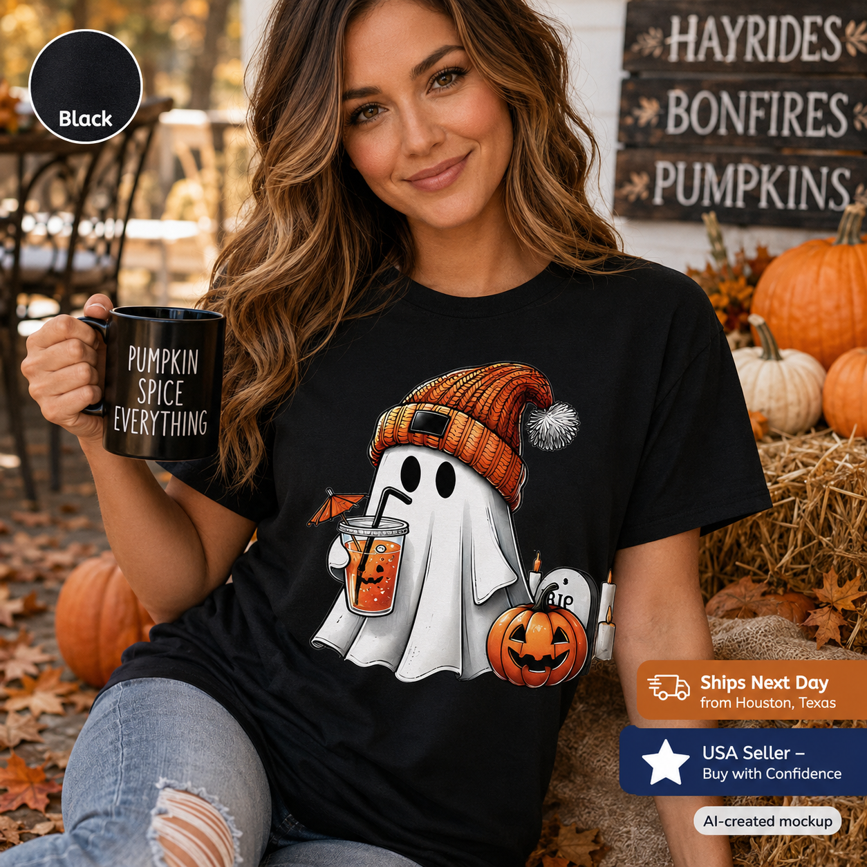 A woman wearing a black graphic t-shirt with a cartoon ghost wearing an orange Santa hat and holding an orange drink. She is holding a black mug that says 'PUMPKIN SPICE EVERYTHING'.