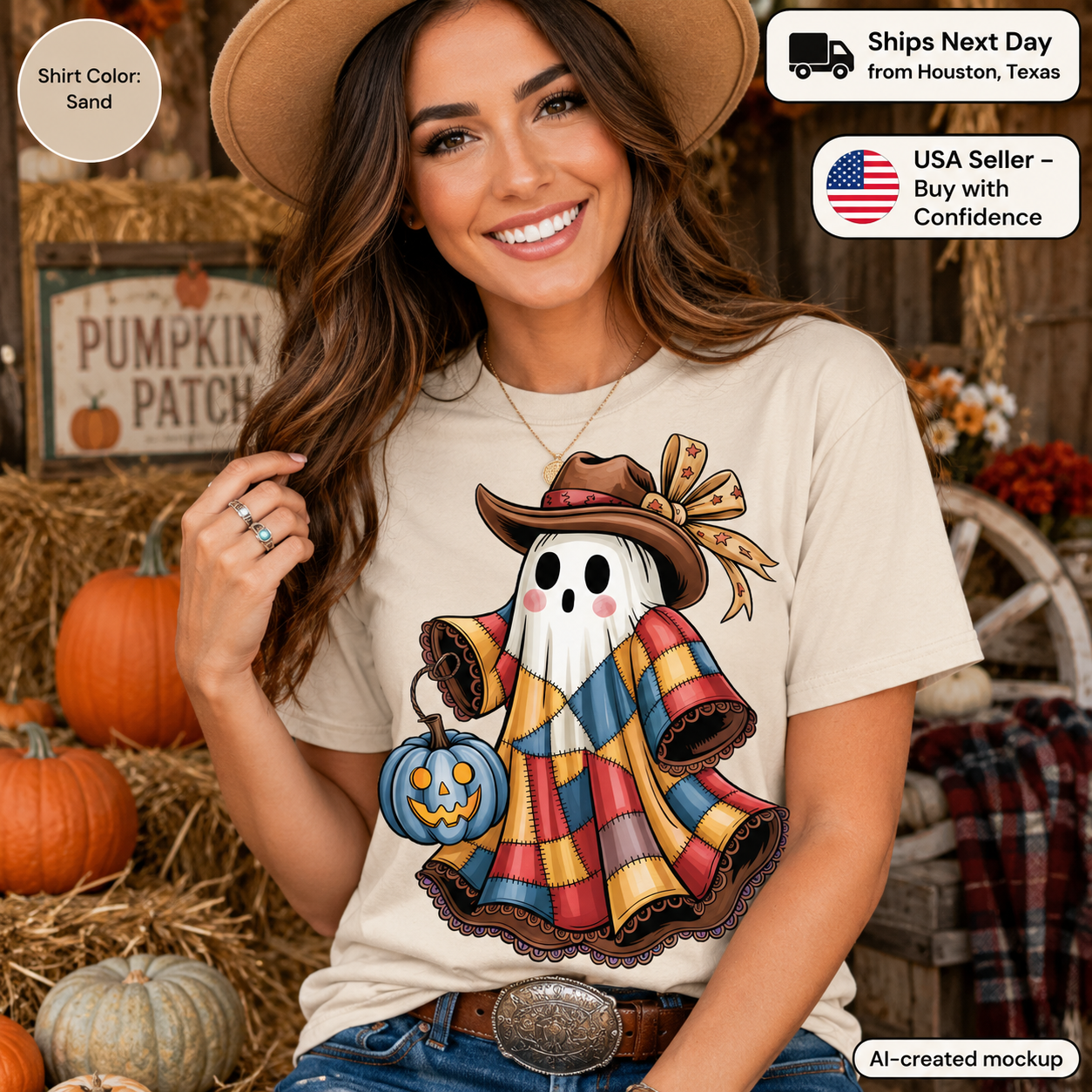 A woman wearing a beige graphic t-shirt with a cartoon ghost scarecrow design in autumn colors, posed in a rustic fall-themed setting with pumpkins and hay. The image includes promotional badges for shirt color and shipping information.