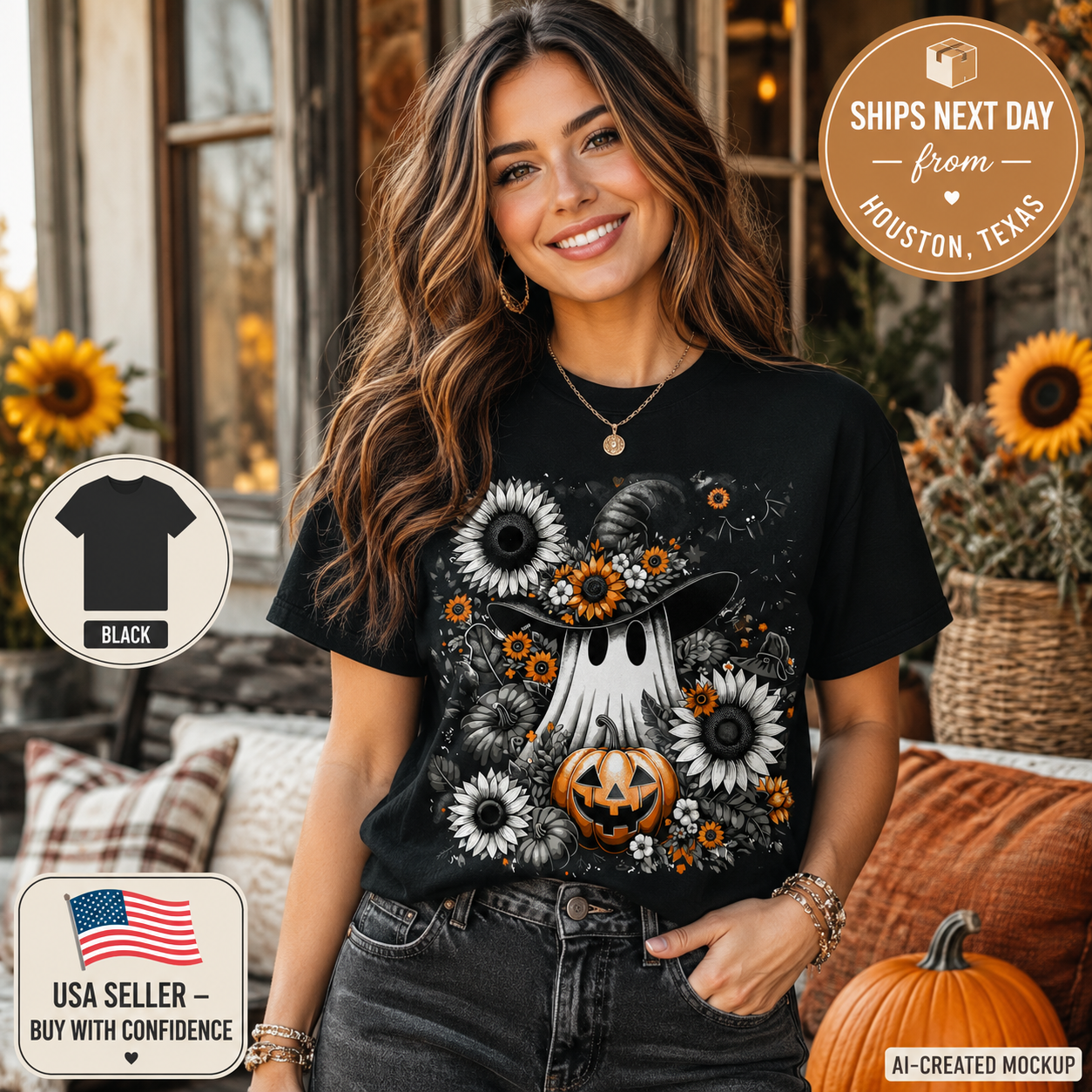 A woman wearing a black graphic t-shirt with a Halloween design featuring a ghost, jack-o'-lantern, sunflowers, and a witch's hat. The image includes promotional badges such as 'Ships Next Day from Houston, Texas', 'USA Seller - Buy with Confidence', and 'AI-Created Mockup'.