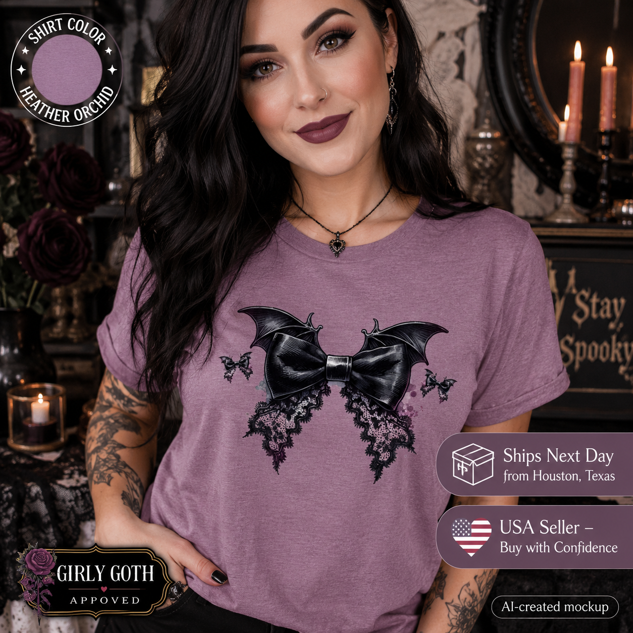 A woman wearing a heather orchid purple t-shirt with a black lace and bow graphic, set against a dark gothic-themed background with candles. The image includes promotional badges for 'Girly Goth Approved' and shipping details.