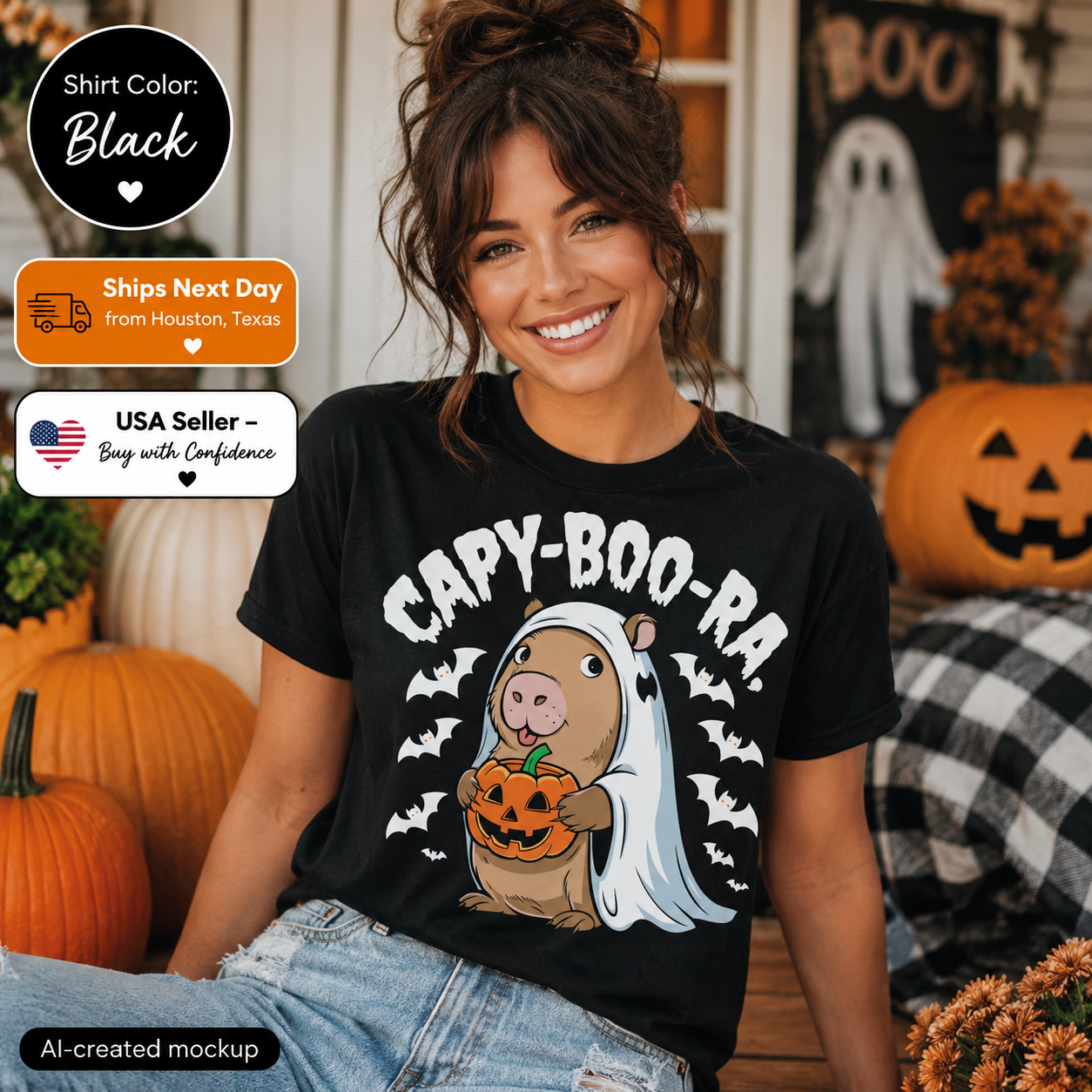 A woman wearing a black graphic T-shirt with a cartoon pig in a white ghost holding a pumpkin, surrounded by bats and the text 'Capy-boo-ra'. The scene is a Halloween-themed mockup with pumpkins, a plaid blanket, and promotional badges.