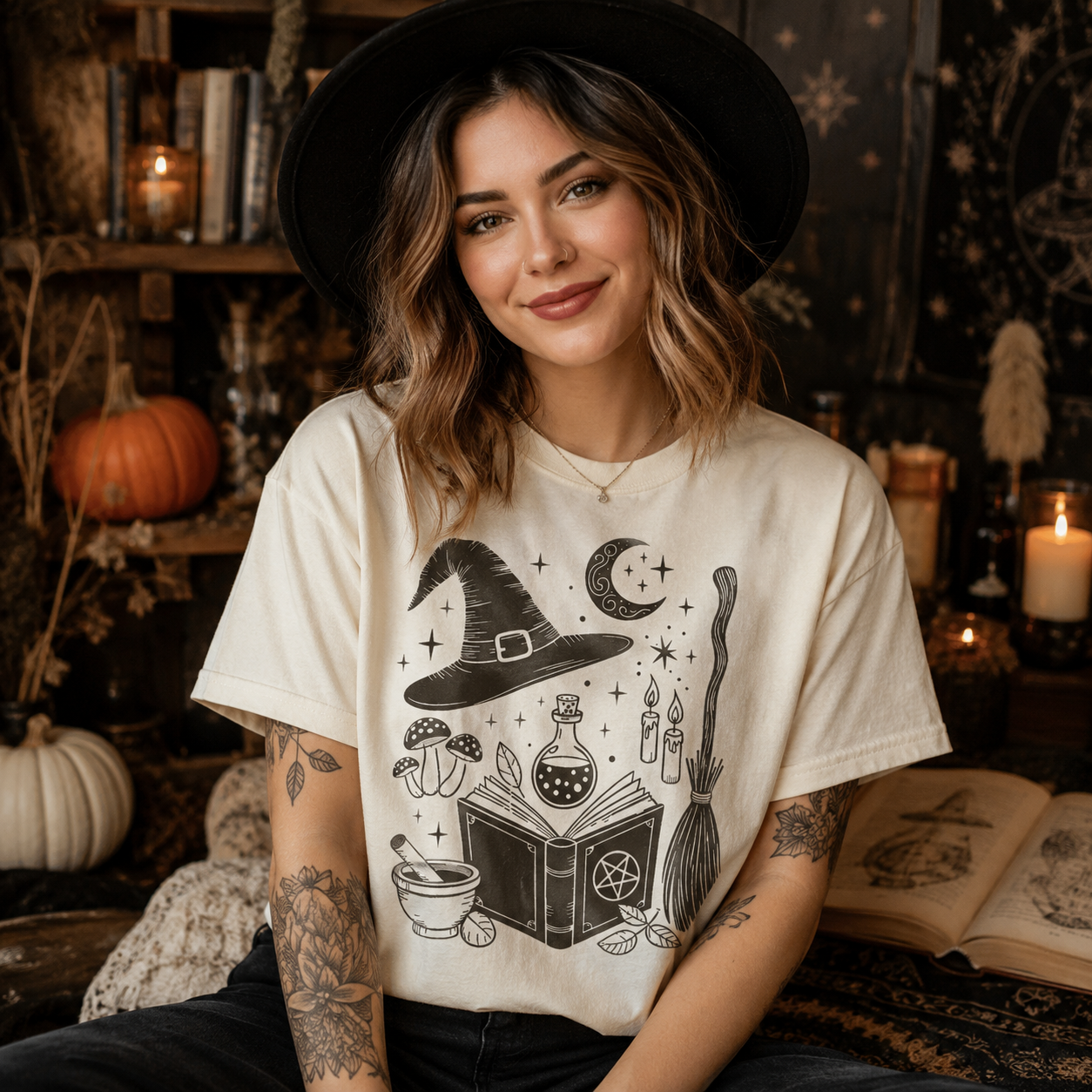 A woman wearing a cream-colored graphic t-shirt with a black witch-themed print, sitting in a cozy, darkly lit Halloween-themed room with candles, pumpkins, and books.