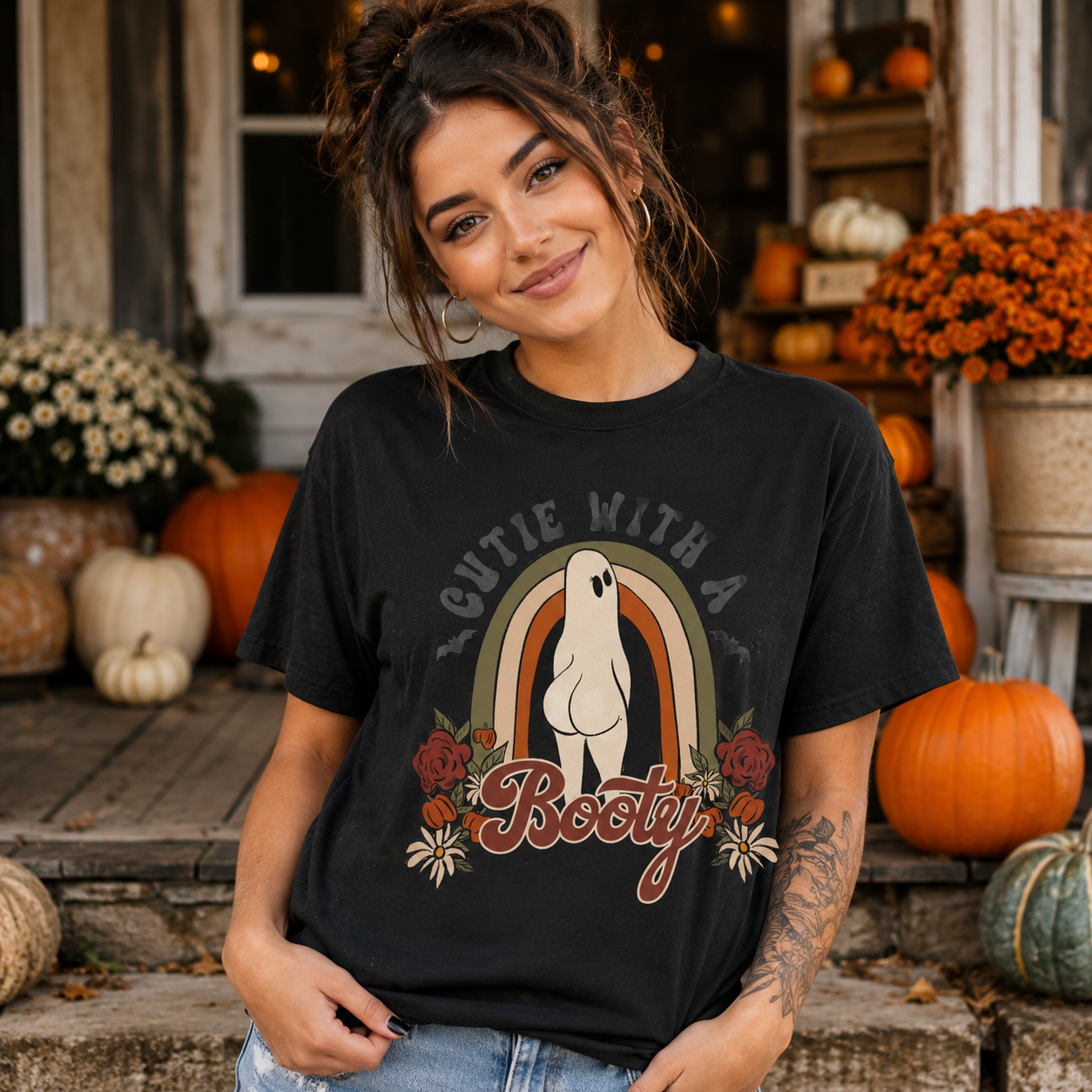 A woman wearing a black graphic t-shirt with a 'Cutie with a Booty' Halloween design, posing in front of a rustic autumn-themed backdrop with pumpkins and flowers.