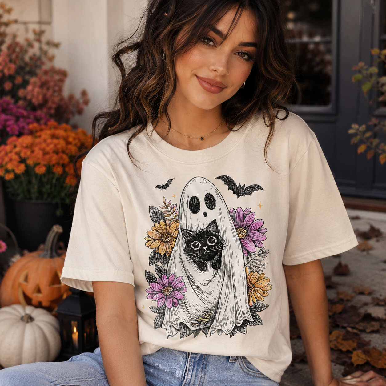 A woman wearing a cream-colored graphic t-shirt with a ghost, black cat, and flowers design, posed outdoors in a Halloween-themed setting with pumpkins and autumn leaves.