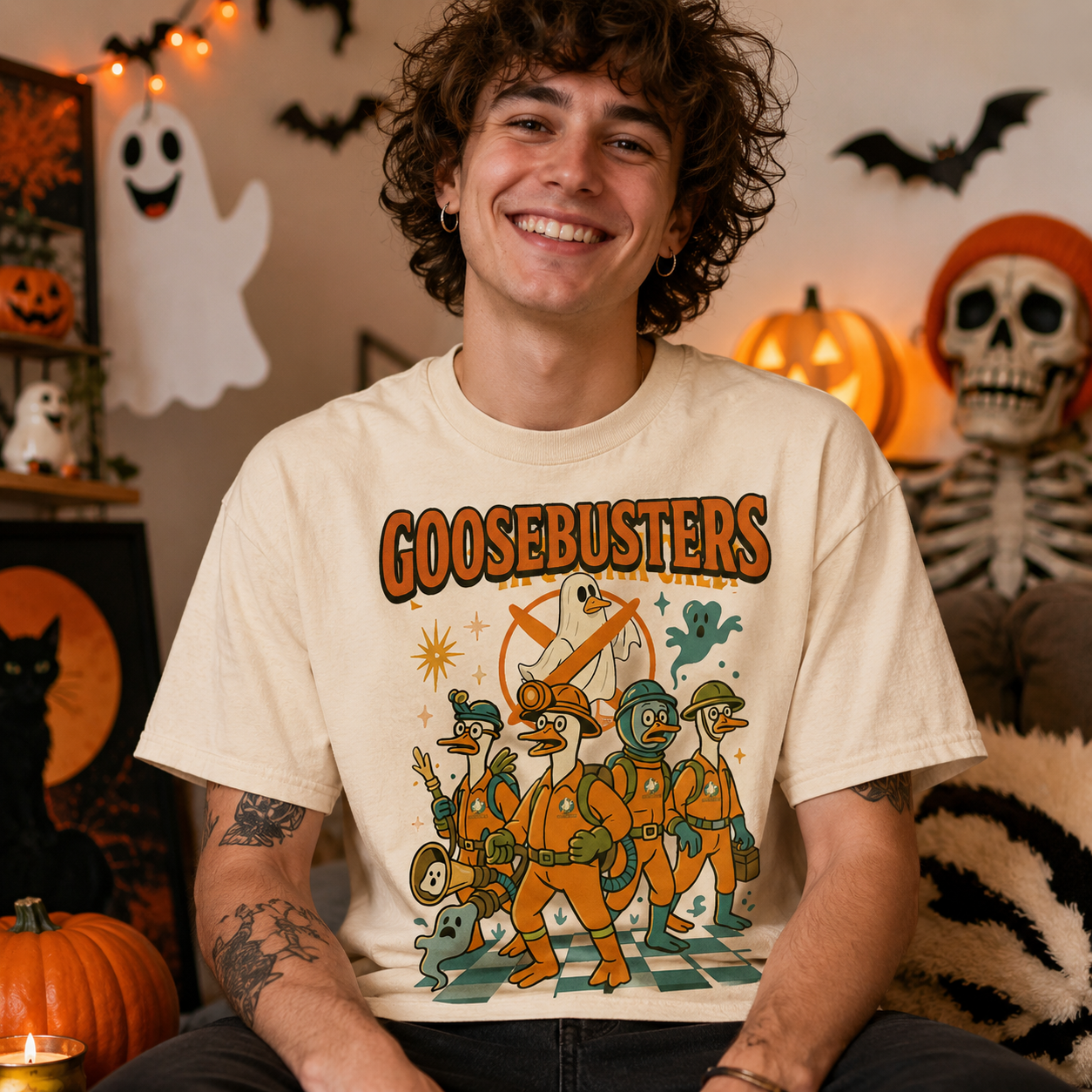 A smiling young man wearing a GooseBusters graphic t-shirt, posed in a cozy Halloween-themed room decorated with pumpkins, a skeleton, and ghost cutouts.