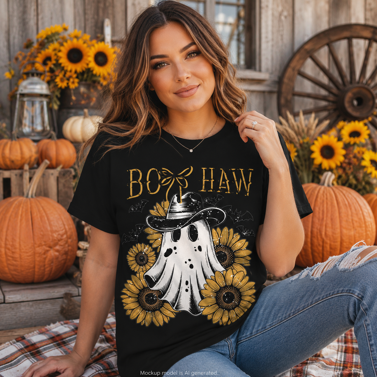 A woman wearing a black graphic t-shirt with a Halloween design, sitting in a rustic fall-themed setting with pumpkins, sunflowers, and a wagon wheel.