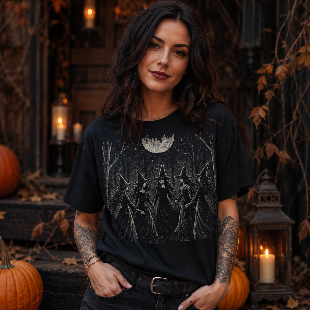 A woman wearing a black graphic t-shirt with a gothic witch illustration under a crescent moon, posed in a dark, atmospheric Halloween-themed setting with pumpkins and candles.