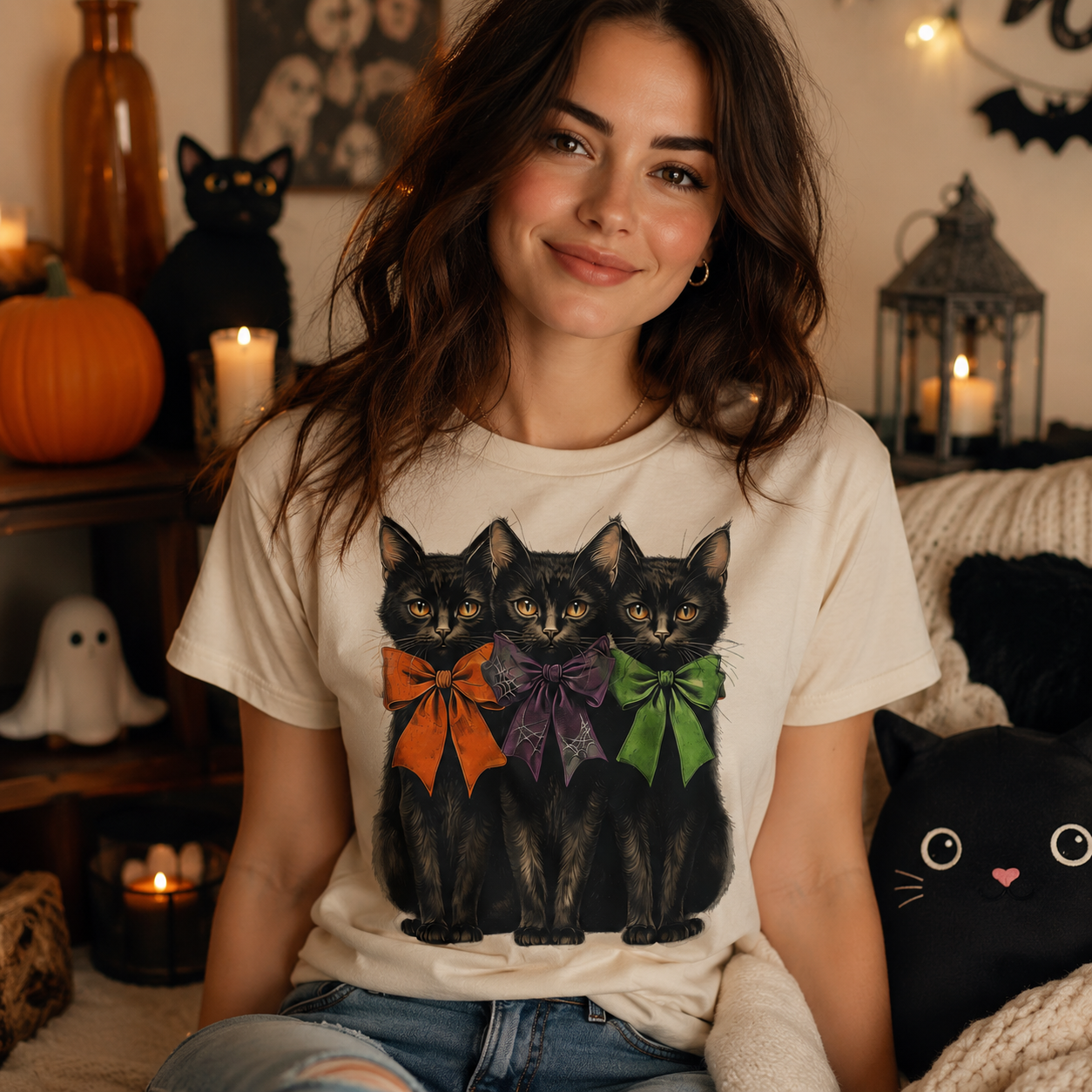 A woman wearing a cream-colored t-shirt with a graphic of three black cats wearing orange, purple, and green bows, posed in a cozy, Halloween-themed room with candles, a pumpkin, and cat pillows.