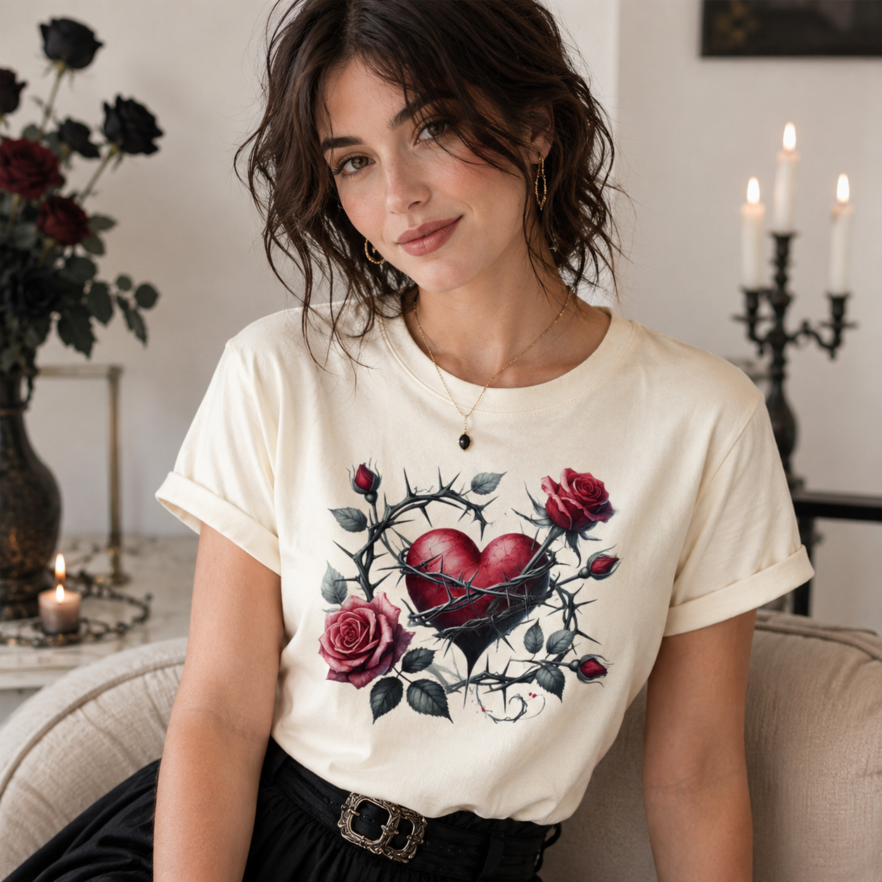 A woman wearing a cream-colored t-shirt with a graphic of a red heart, roses, and thorns, sitting in a cozy indoor setting with candles and flowers in the background.