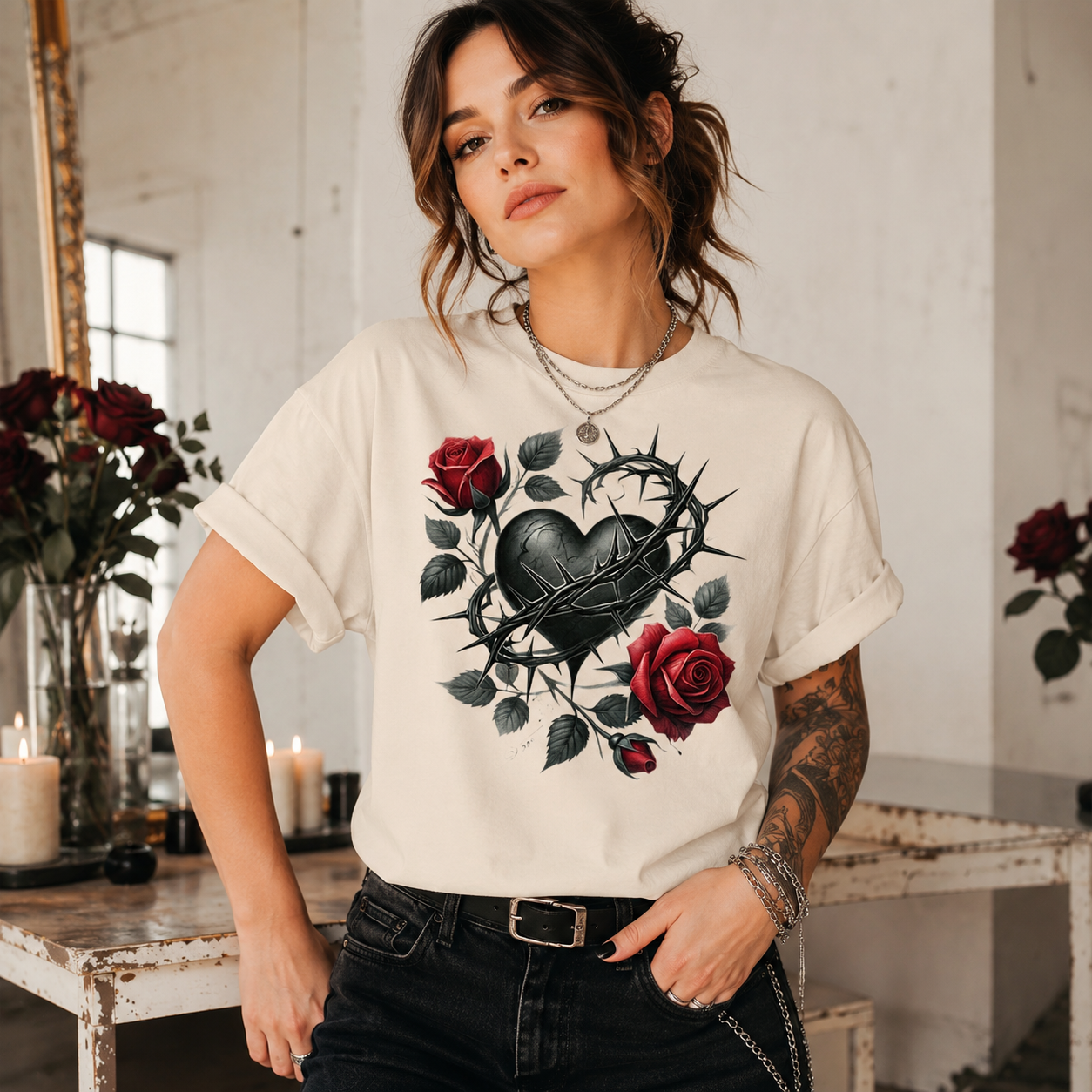 A woman wearing a cream-colored graphic t-shirt with a black heart, thorny crown of thorns, and red roses, paired with black jeans in a rustic indoor setting.