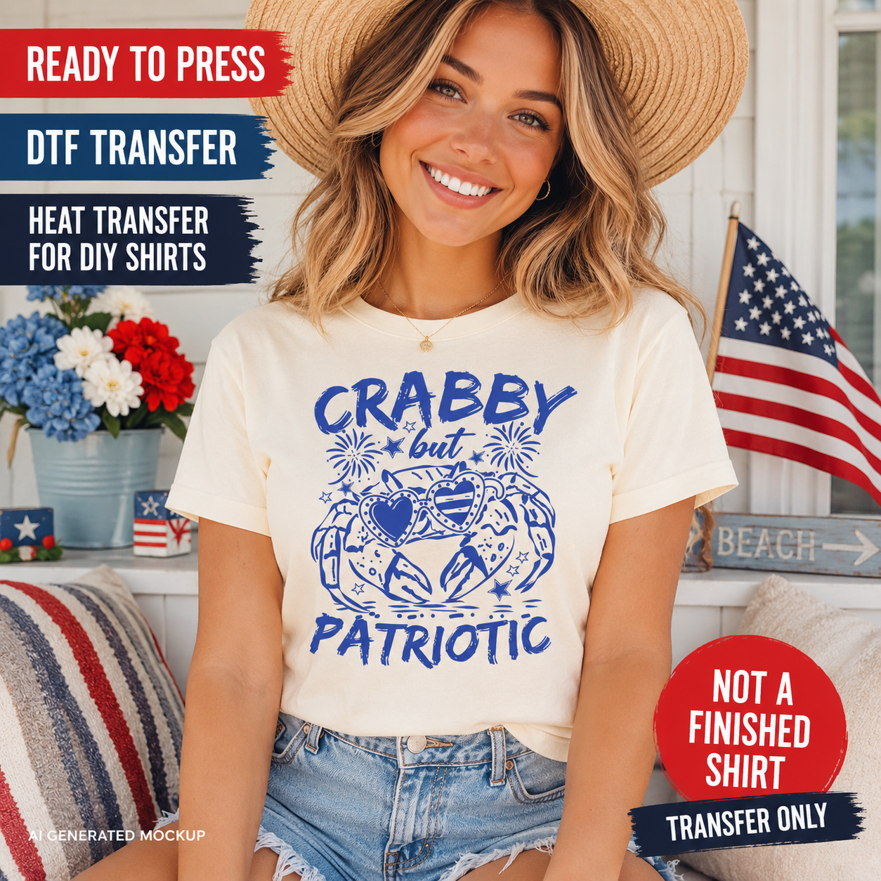 Woman wearing a t-shirt with 'Crabby but Patriotic' design, surrounded by American flag decor.