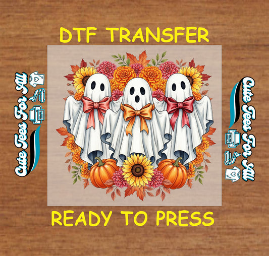 DTF transfer with three ghosts in bows surrounded by fall flowers, sunflowers, and pumpkins

