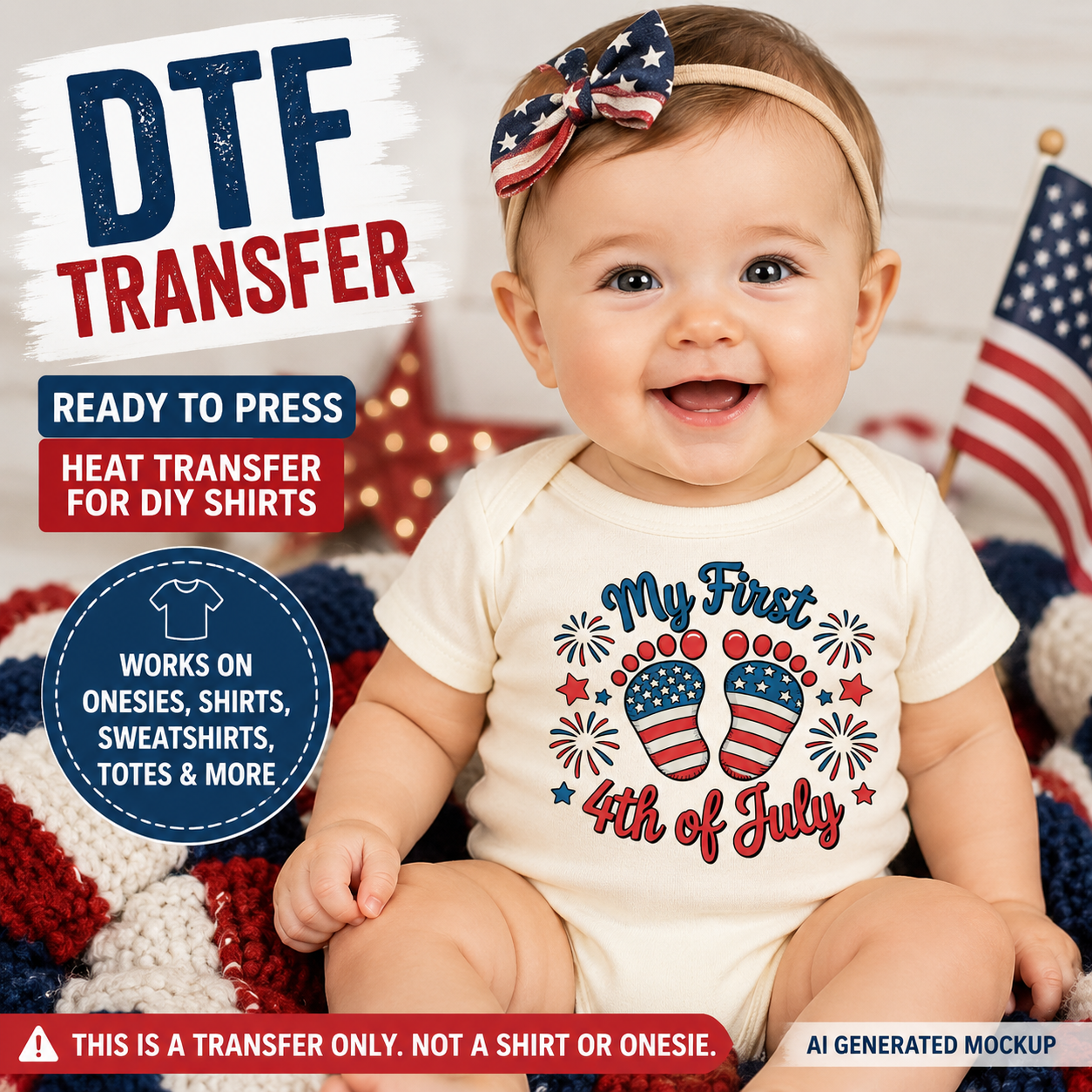 Baby wearing a 'My First 4th of July' onesie with American flag design, surrounded by patriotic decor.