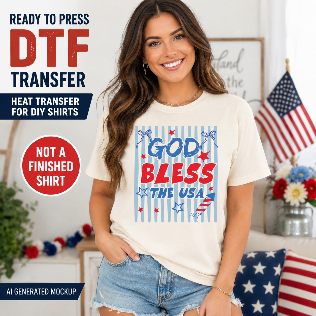 Woman wearing a t-shirt with 'God Bless the USA' design, with text about DTF transfers.