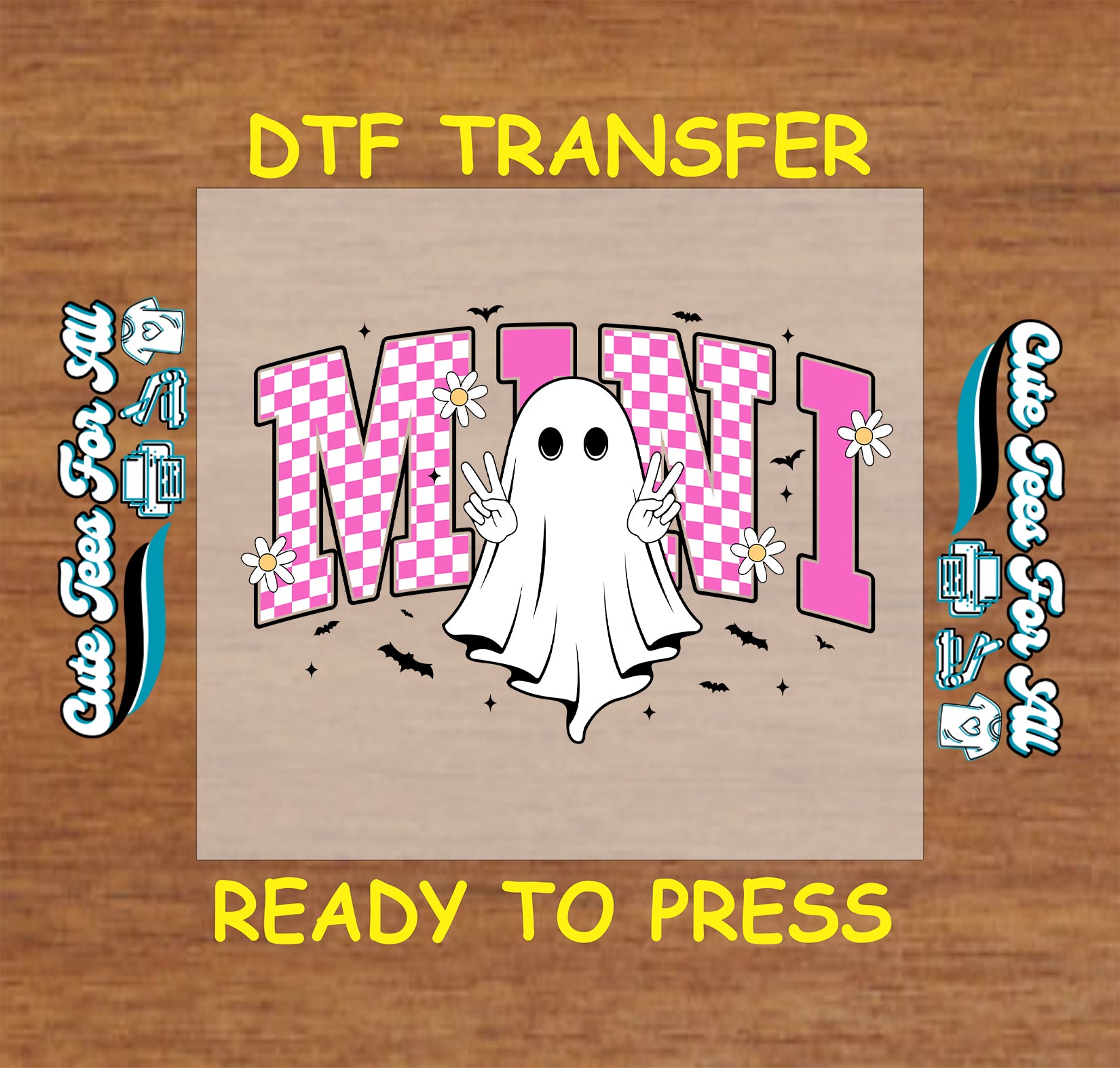 DTF transfer with ghost doing peace signs in front of pink checkered “MINI” letters, daisies, and bats

