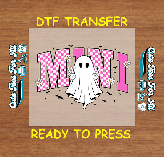 DTF transfer with ghost doing peace signs in front of pink checkered “MINI” letters, daisies, and bats

