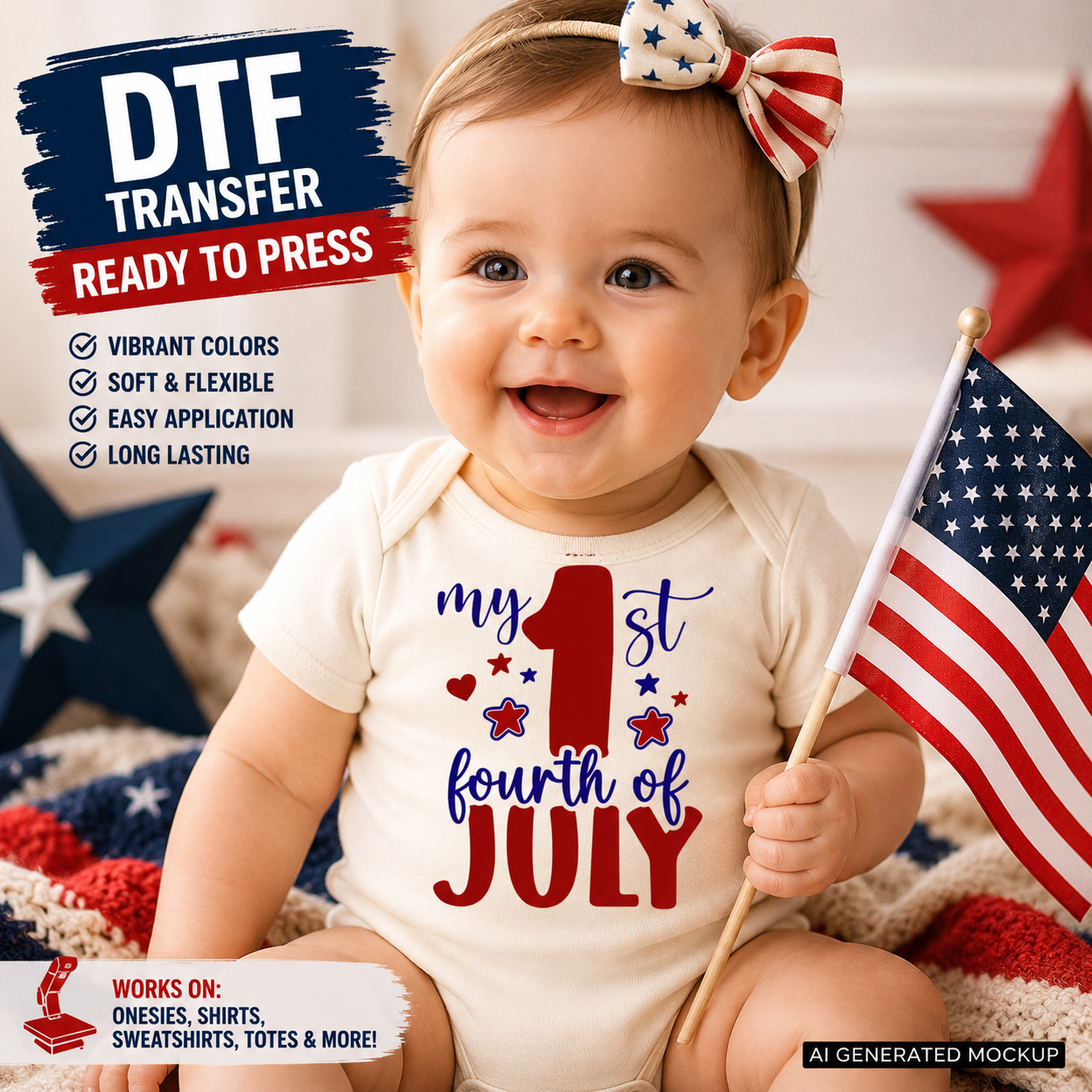 Baby wearing a 'My 1st Fourth of July' onesie with an American flag, surrounded by patriotic decorations.