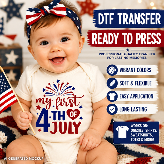Baby wearing a 'My First 4th of July' onesie with American flag accessories.