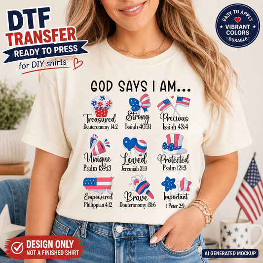 Woman wearing a t-shirt with motivational phrases and American flags, with text about DTF transfers.