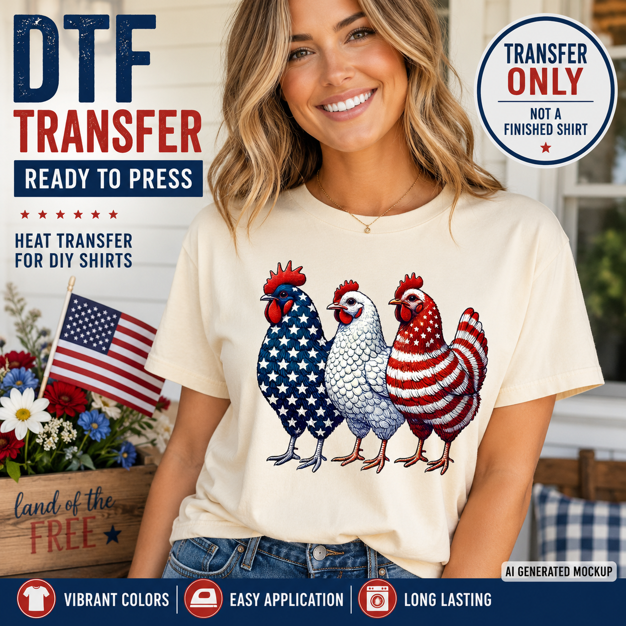 Woman wearing a t-shirt with American flag-themed roosters and text about DTF transfers.