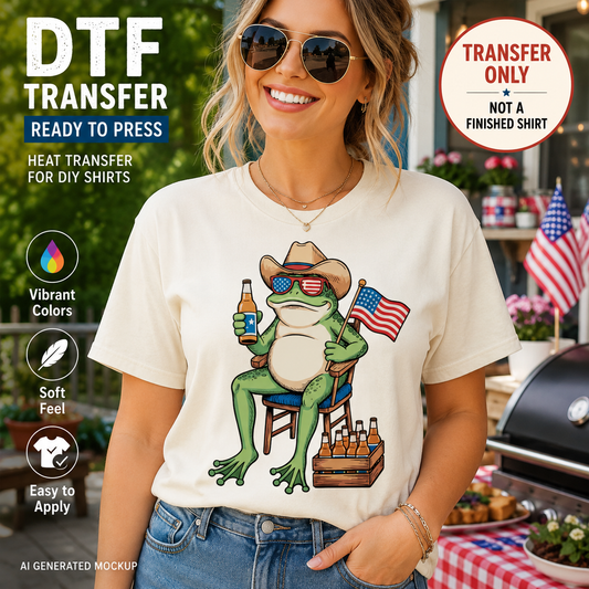 Woman wearing a t-shirt with a frog graphic, standing outdoors with a grill and American flags in the background.