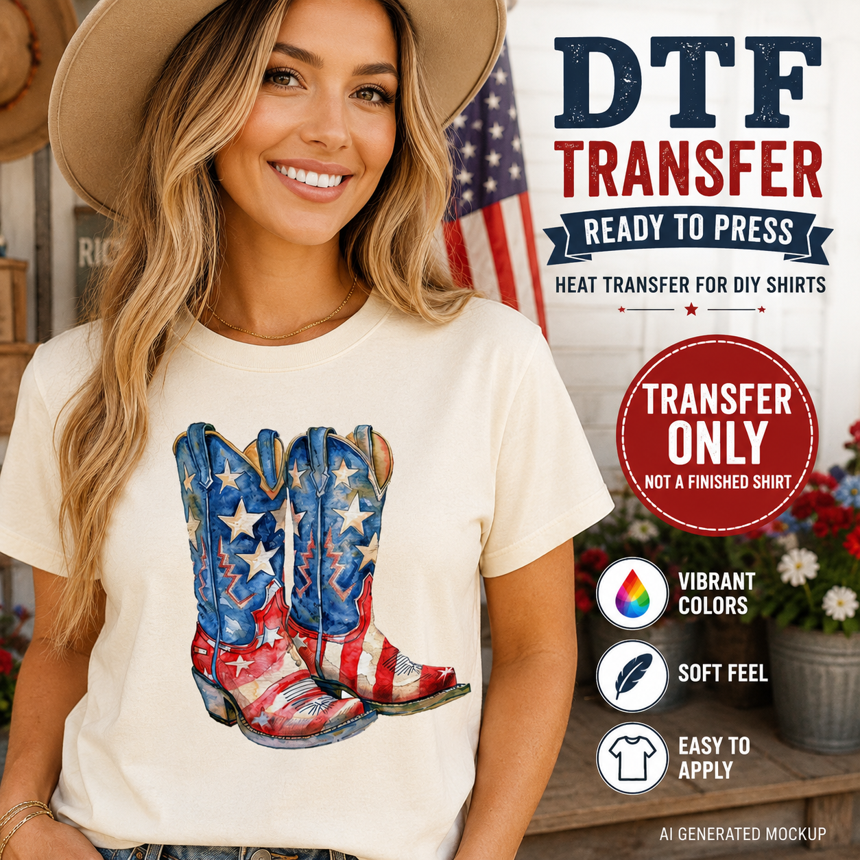 Woman wearing a t-shirt with American flag cowboy boots design, with DTF transfer product information overlay.