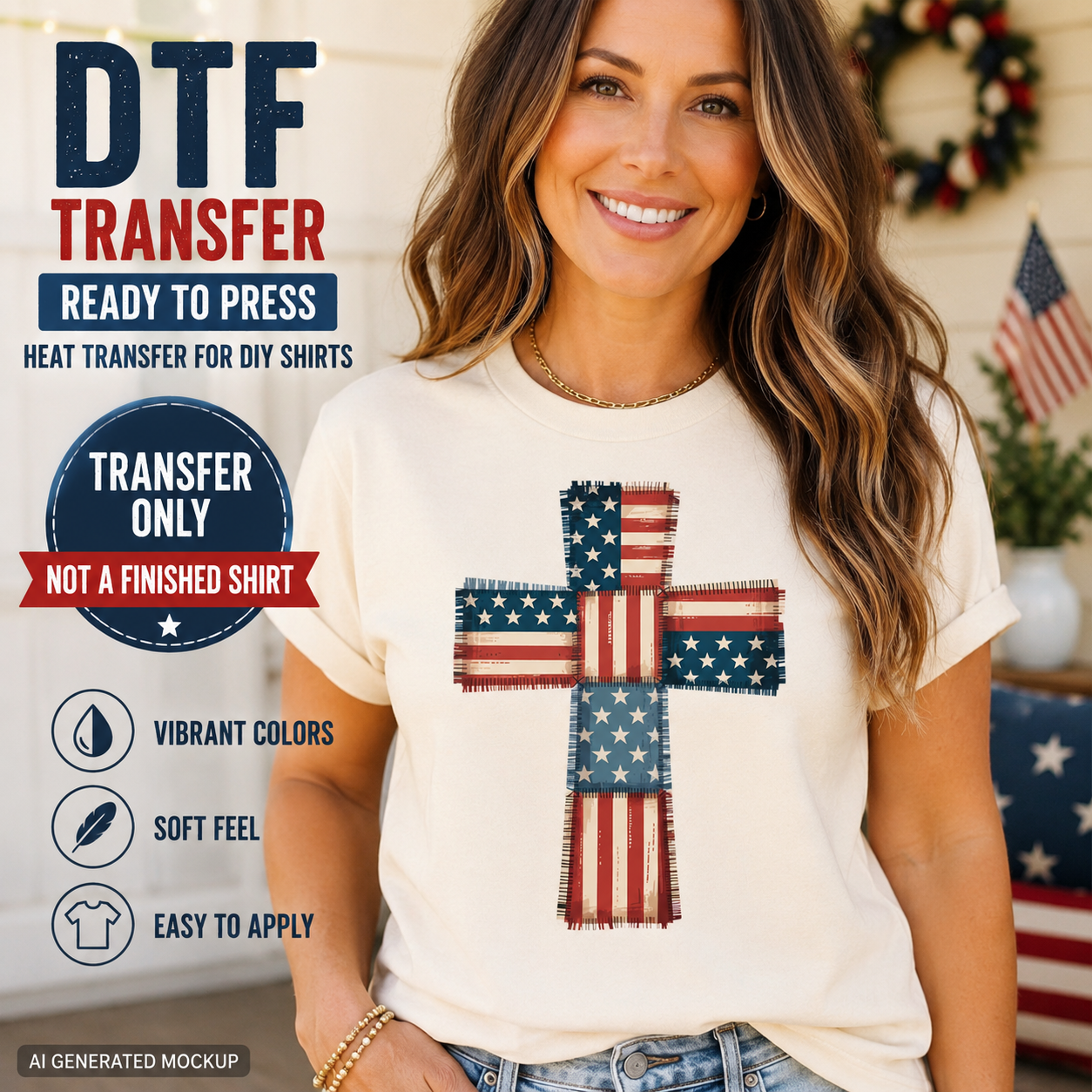 Woman wearing a white t-shirt with an American flag cross design, promotional text for DTF transfer, and a 4th of July themed background.