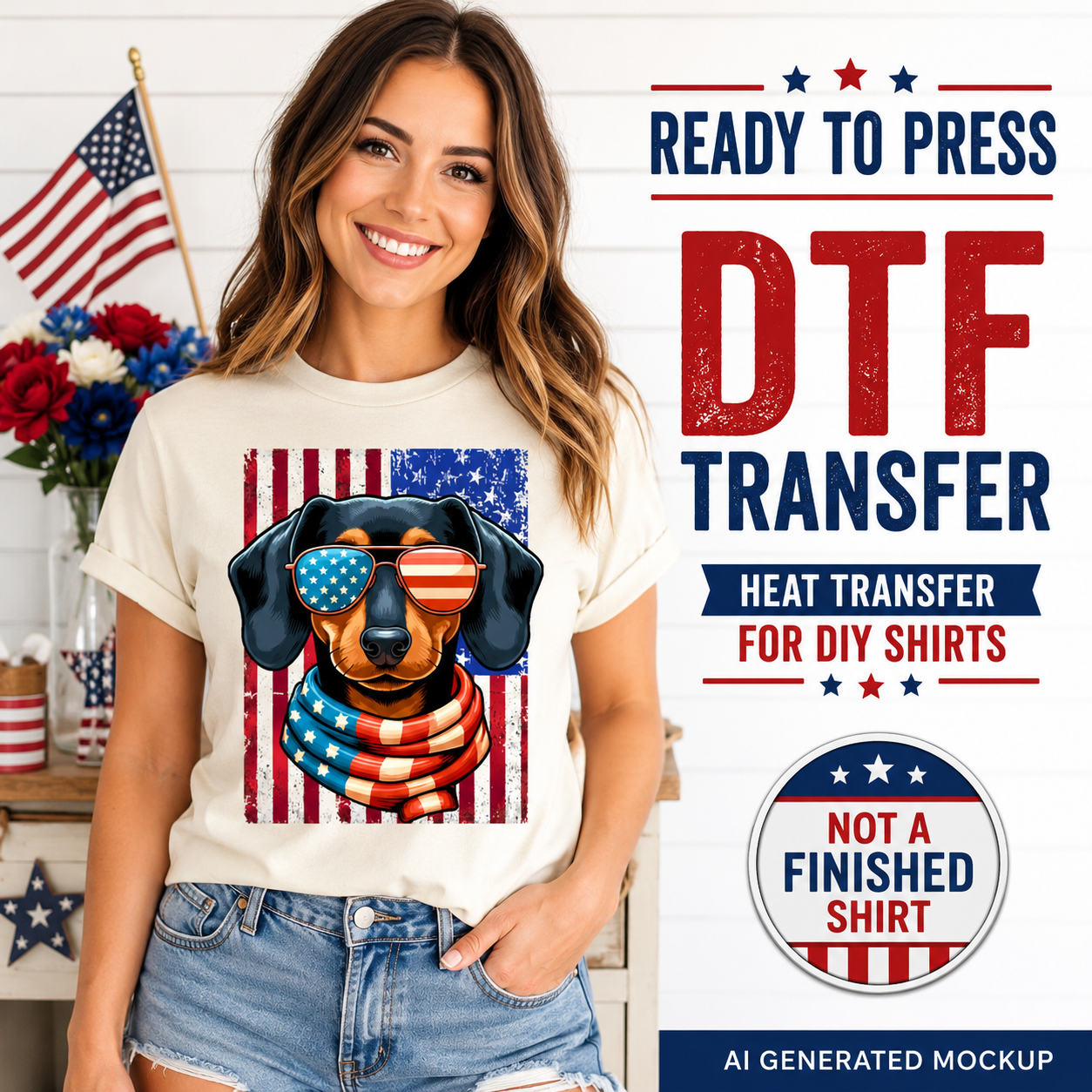 Woman wearing a t-shirt with a dog graphic and American flag, with text about DTF transfers.