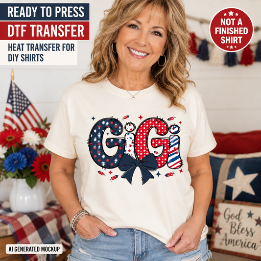 Woman wearing a t-shirt with 'GIGI' design, surrounded by patriotic decor.