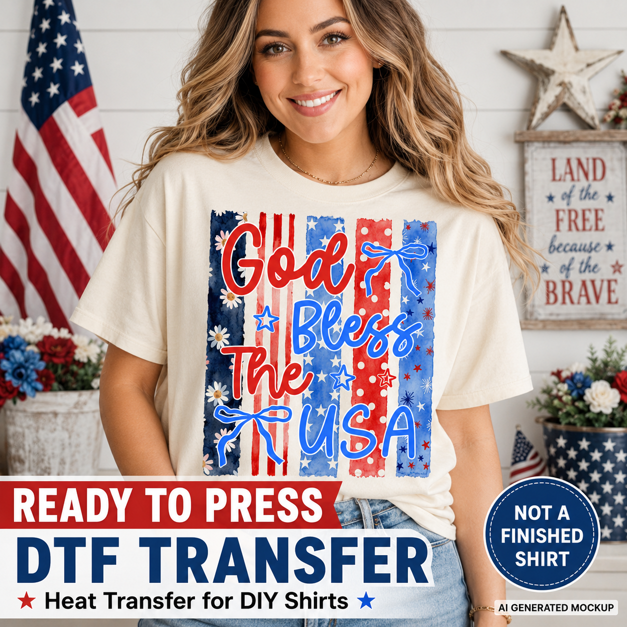 Woman wearing a t-shirt with 'God Bless The USA' design, American flag in background