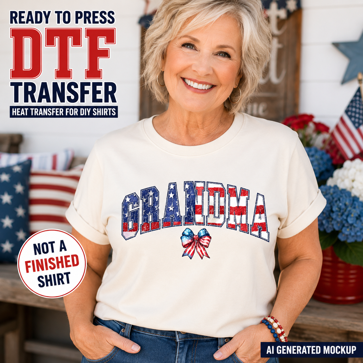 Woman wearing a t-shirt with 'GRANDMA' printed in American flag colors, with text about DTF transfers.