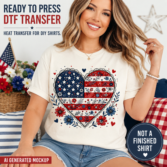Woman wearing a t-shirt with a heart-shaped American flag design, surrounded by flowers and stars.